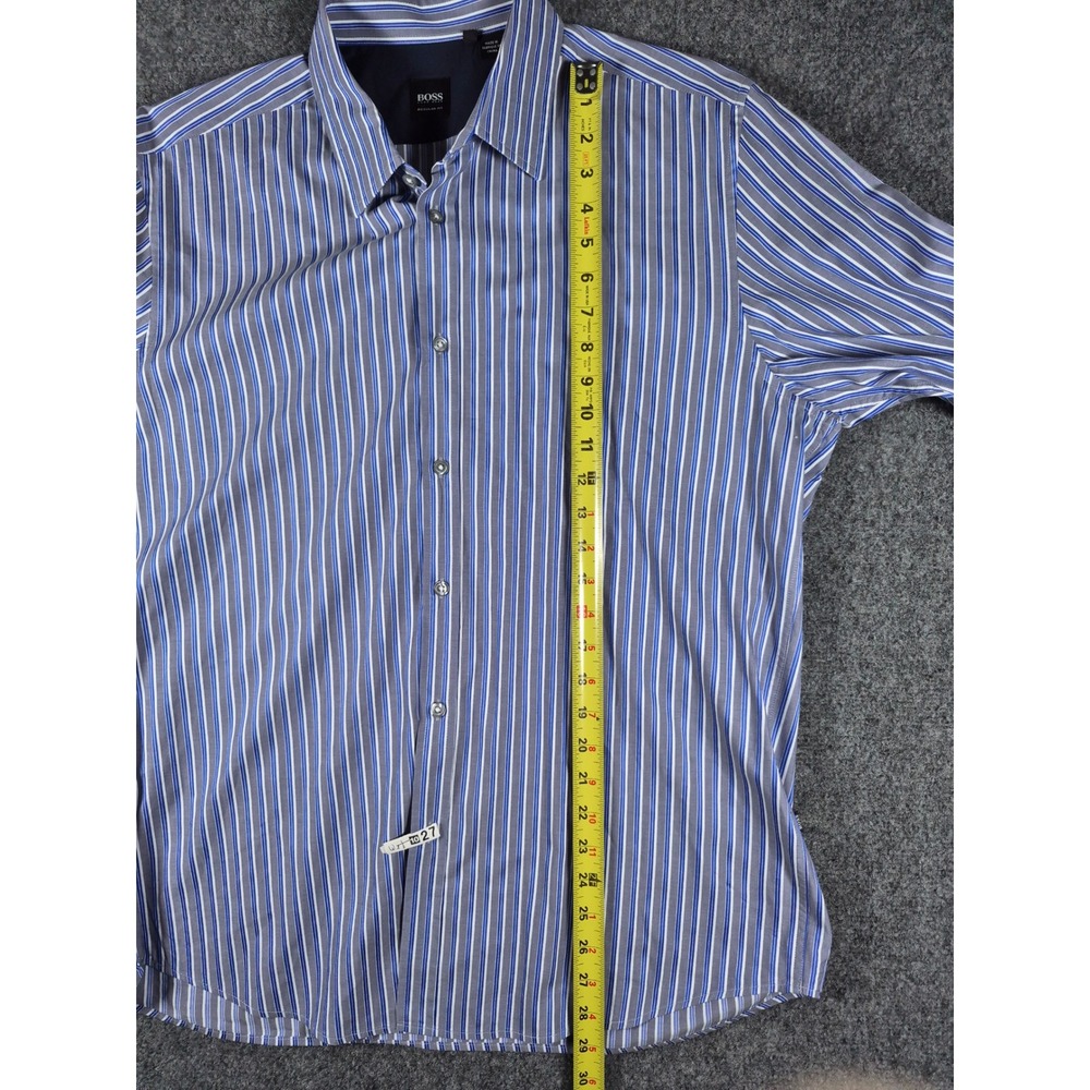 Hugo Boss Mens Regular Fit Striped Button Down Shirt Blue Wht Grey XL Long Slve - Picture 8 of 11